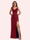 Elegent Mermaid Pleats Side Slit Spaghetti Straps Soft Satin Long Bridesmaid Dress For Wedding