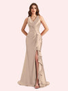 Sexy V-neck Mermaid Side Slit Soft Satin Long Bridesmaid Dress For Wedding Online
