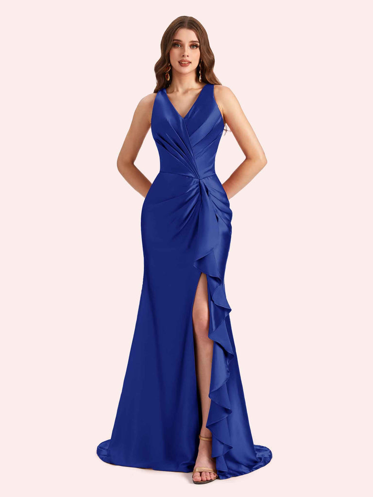 Sexy V-neck Mermaid Side Slit Soft Satin Long Bridesmaid Dress For Wedding Online Sexy V-neck Mermaid Side Slit Soft Satin Long Bridesmaid Dress For Wedding Online