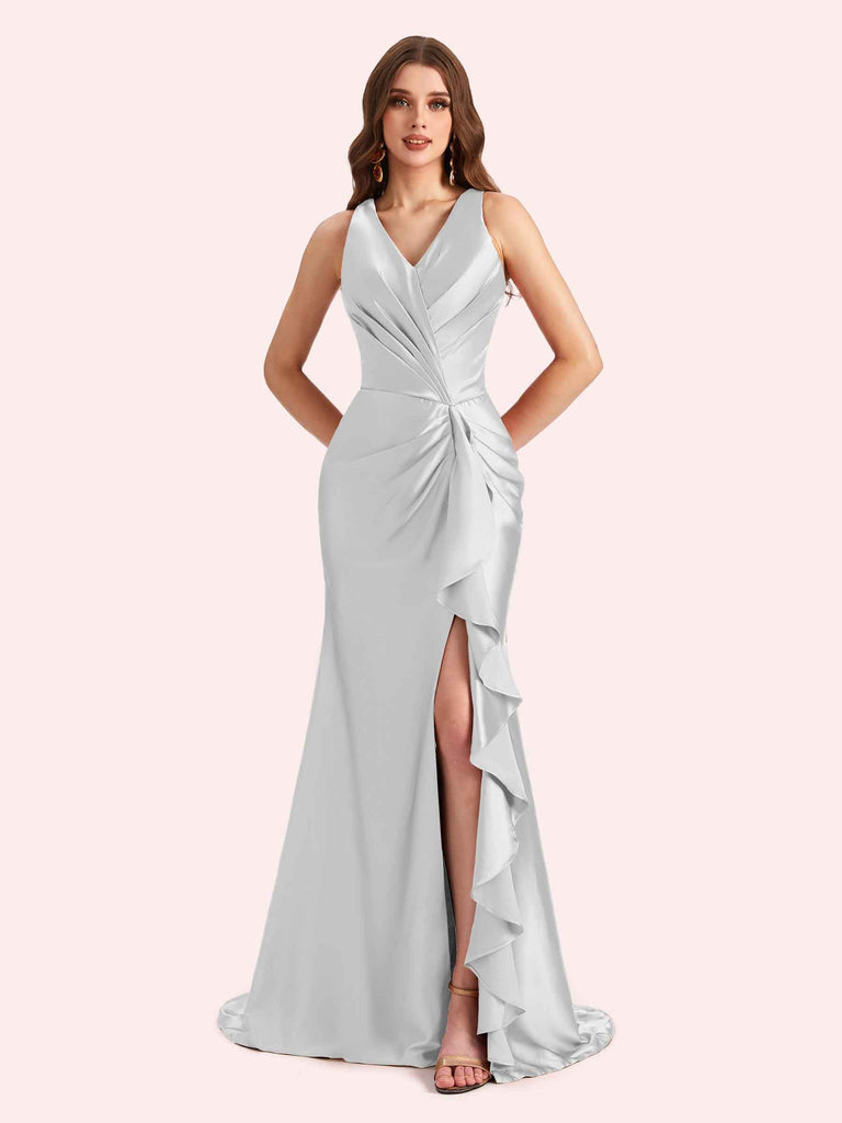 Sexy V-neck Mermaid Side Slit Soft Satin Long Bridesmaid Dress For Wedding Online