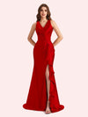 Sexy V-neck Mermaid Side Slit Soft Satin Long Bridesmaid Dress For Wedding Online