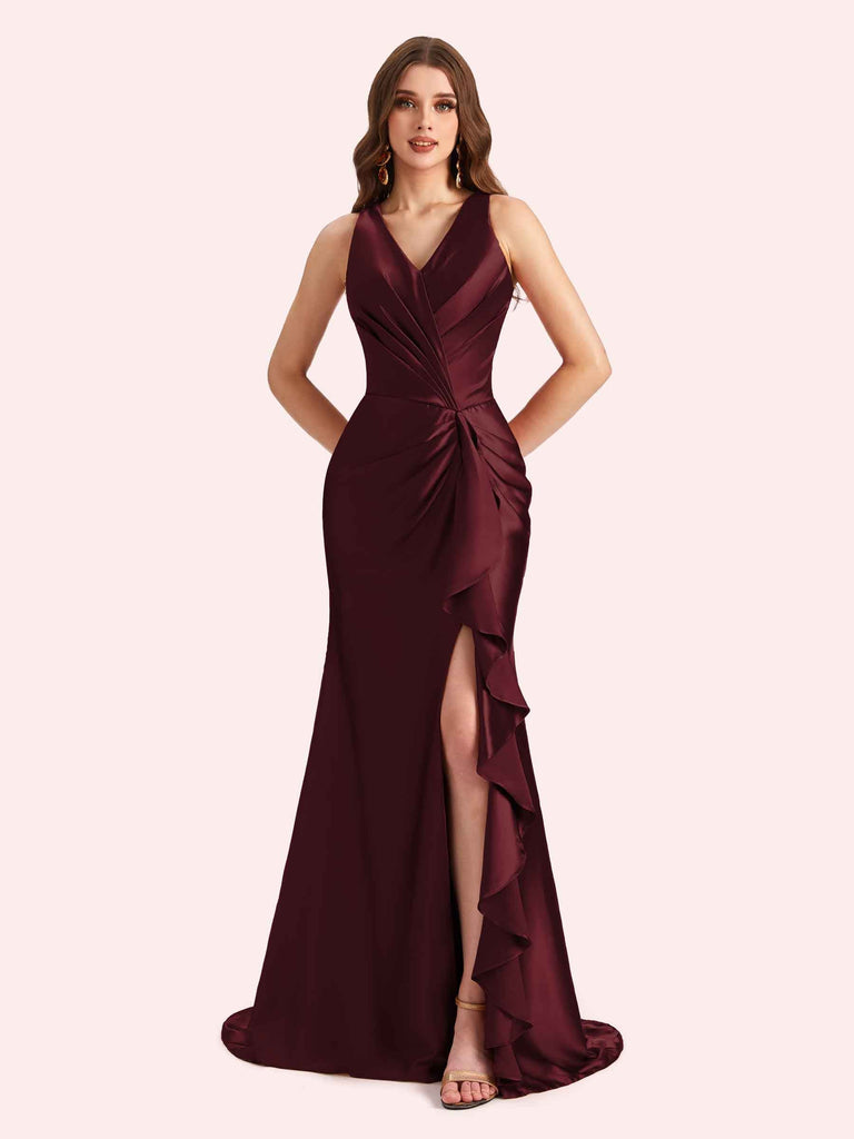 Sexy V-neck Mermaid Side Slit Soft Satin Long Bridesmaid Dress For Wedding Online Sexy V-neck Mermaid Side Slit Soft Satin Long Bridesmaid Dress For Wedding Online