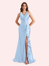 Sexy V-neck Mermaid Side Slit Soft Satin Long Bridesmaid Dress For Wedding Online