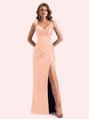 Elegent Mermaid Pleats Side Slit Spaghetti Straps Soft Satin Long Bridesmaid Dress For Wedding