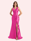 Sexy V-neck Mermaid Side Slit Soft Satin Long Bridesmaid Dress For Wedding Online