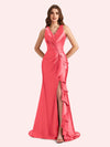 Sexy V-neck Mermaid Side Slit Soft Satin Long Bridesmaid Dress For Wedding Online