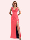 Elegent Mermaid Pleats Side Slit Spaghetti Straps Soft Satin Long Bridesmaid Dress For Wedding