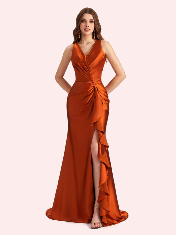 Sexy V-neck Mermaid Side Slit Soft Satin Long Bridesmaid Dress For Wedding Online