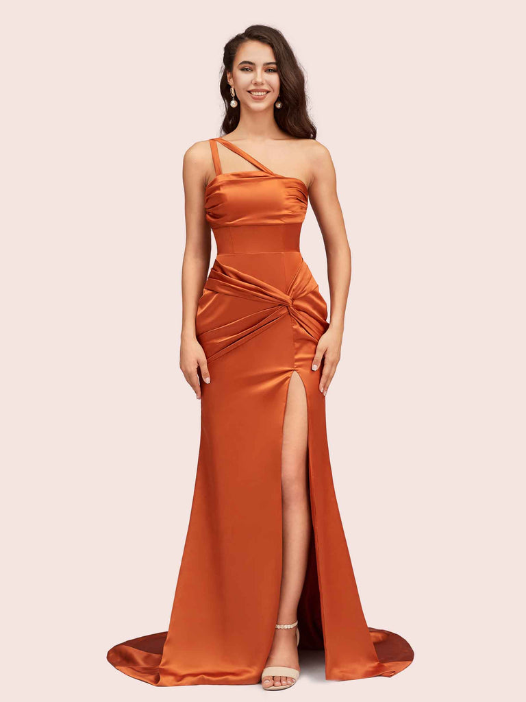Sexy Mermaid One Shoulder Unique Side Slit Soft Satin Bridesmaid Dresses Online Sexy Mermaid One Shoulder Unique Side Slit Soft Satin Bridesmaid Dresses Online