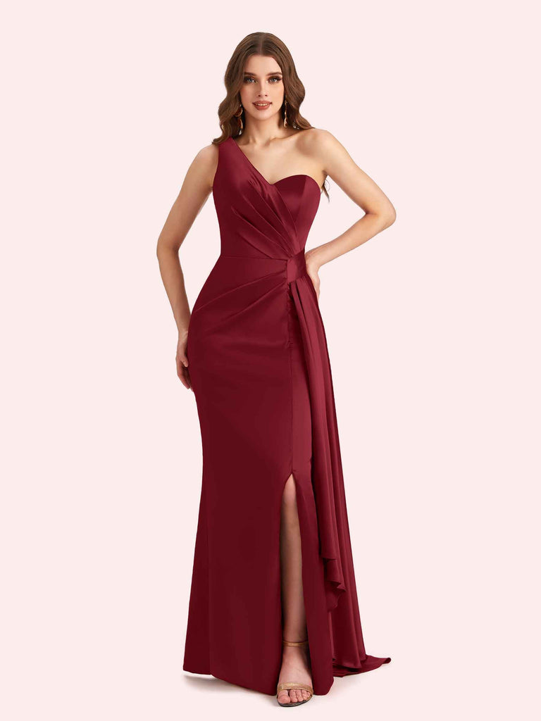 Sexy One Shoulder Mermaid Side Slit Soft Satin Long Bridesmaid Dress For Wedding Online Sexy One Shoulder Mermaid Side Slit Soft Satin Long Bridesmaid Dress For Wedding Online
