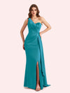 Sexy One Shoulder Mermaid Side Slit Soft Satin Long Bridesmaid Dress For Wedding Online