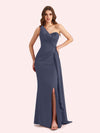 Sexy One Shoulder Mermaid Side Slit Soft Satin Long Bridesmaid Dress For Wedding Online