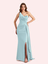 Sexy One Shoulder Mermaid Side Slit Soft Satin Long Bridesmaid Dress For Wedding Online
