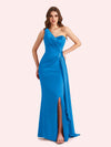 Sexy One Shoulder Mermaid Side Slit Soft Satin Long Bridesmaid Dress For Wedding Online