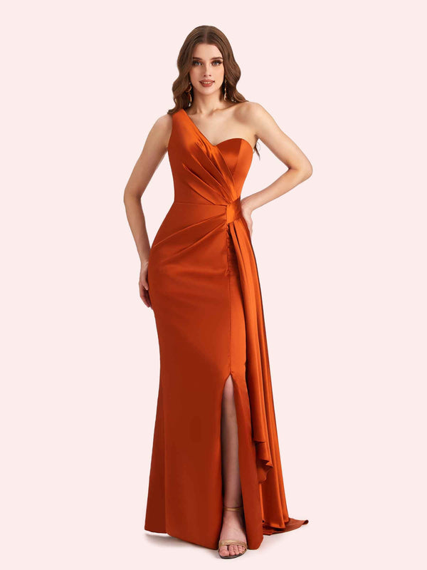Sexy One Shoulder Mermaid Side Slit Soft Satin Long Bridesmaid Dress For Wedding Online