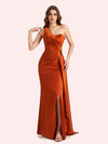 Sexy One Shoulder Mermaid Side Slit Soft Satin Long Bridesmaid Dress For Wedding Online