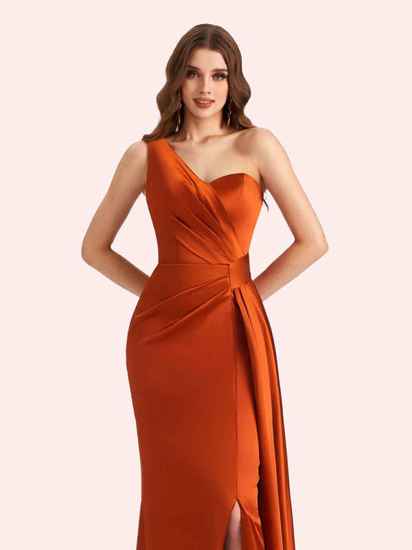 Sexy One Shoulder Mermaid Side Slit Soft Satin Long Bridesmaid Dress For Wedding Online