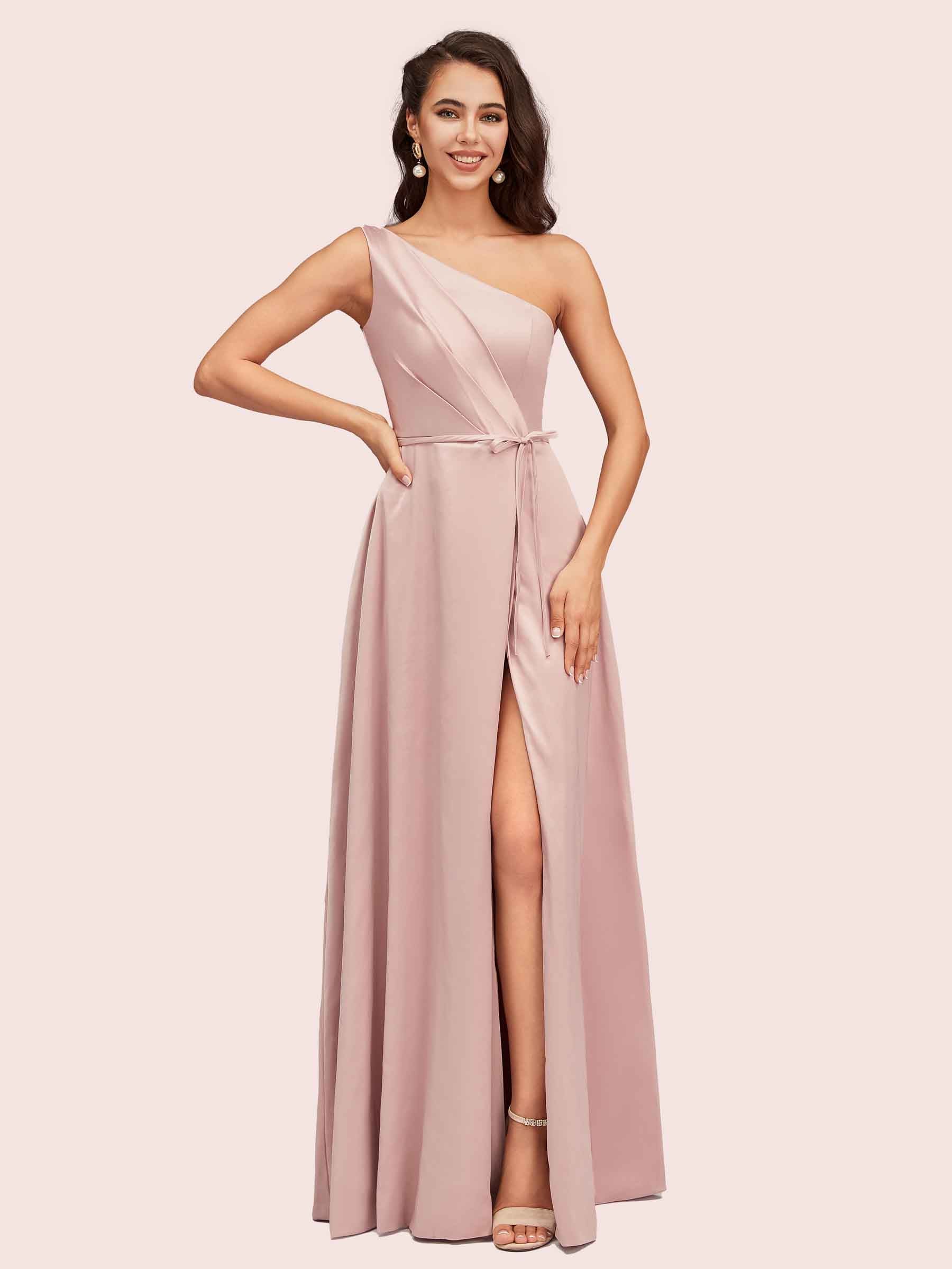 Elegant A-Line One Shoulder Long Soft Satin Bridesmaid Dresses Online