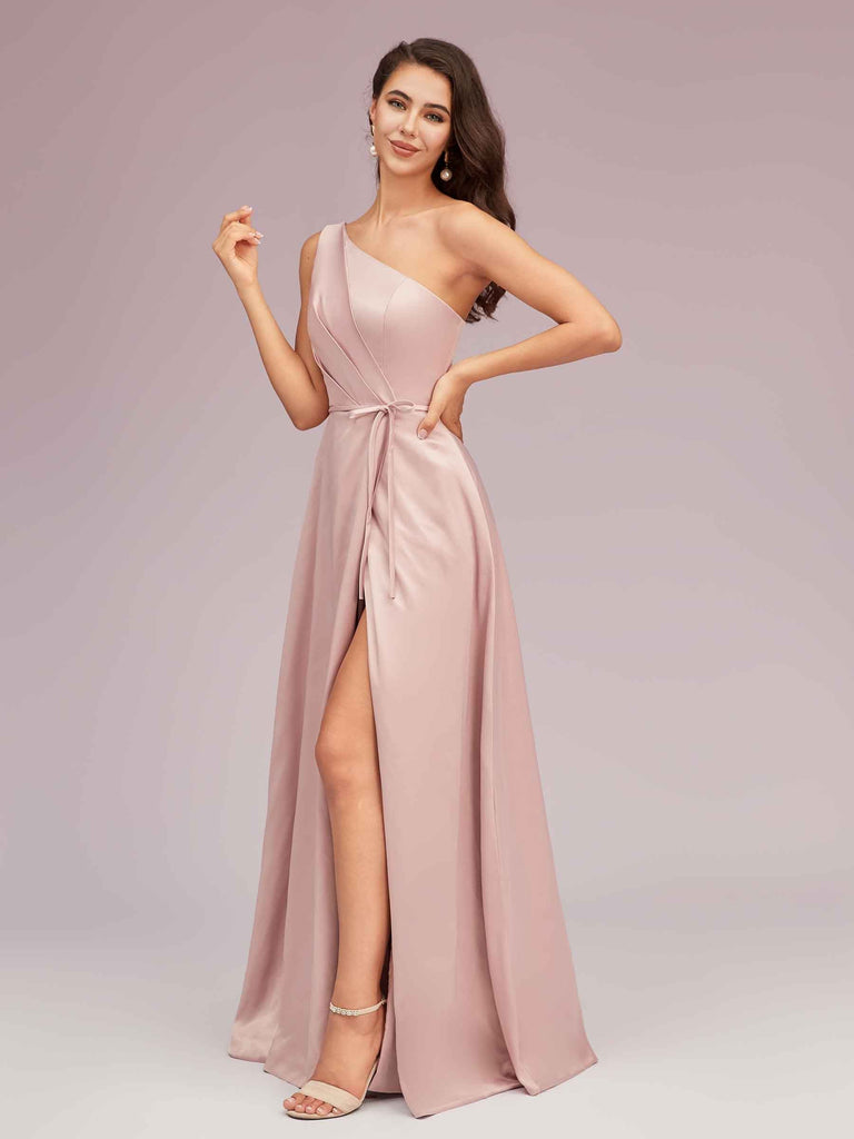 Elegant One Shoulder Side Slit Long Soft Satin Party Prom Dresses 2023
