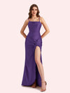 Sexy Spaghetti Straps Mermaid Side Slit Soft Satin Long Bridesmaid Dress For Wedding