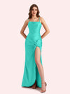 Sexy Spaghetti Straps Mermaid Side Slit Soft Satin Long Bridesmaid Dress For Wedding