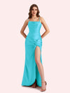 Sexy Spaghetti Straps Mermaid Side Slit Soft Satin Long Bridesmaid Dress For Wedding