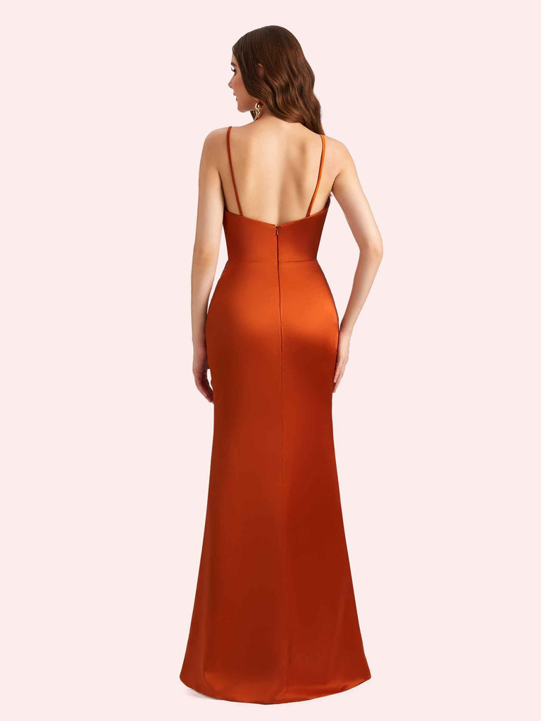 Sexy Spaghetti Straps Mermaid Side Slit Soft Satin Long Bridesmaid Dress For Wedding