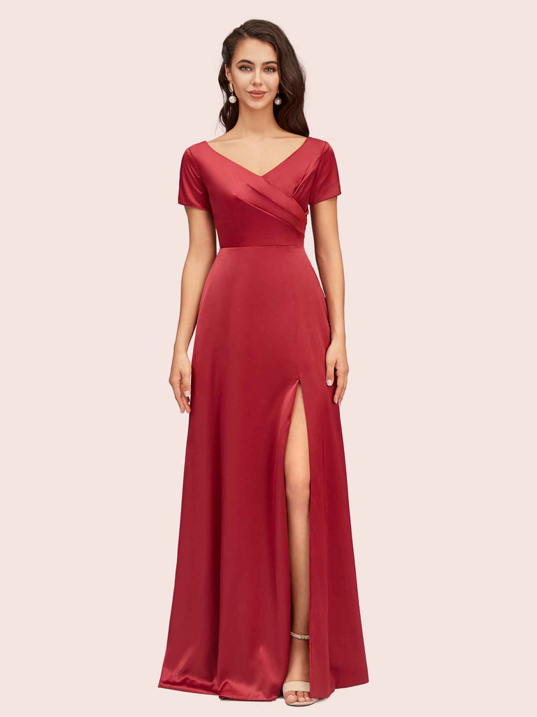 Elegant V-Neck Short Sleeves Long Soft Satin Bridesmaid Dresses With Slit Elegant V-Neck Short Sleeves Long Soft Satin Bridesmaid Dresses With Slit