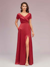 Elegant V-Neck Short Sleeves Long Soft Satin Party Prom Dresses With Slit