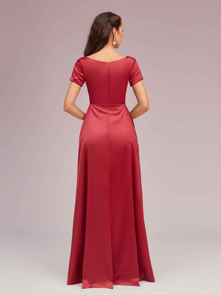 Elegant V-Neck Short Sleeves Long Soft Satin Party Prom Dresses With Slit