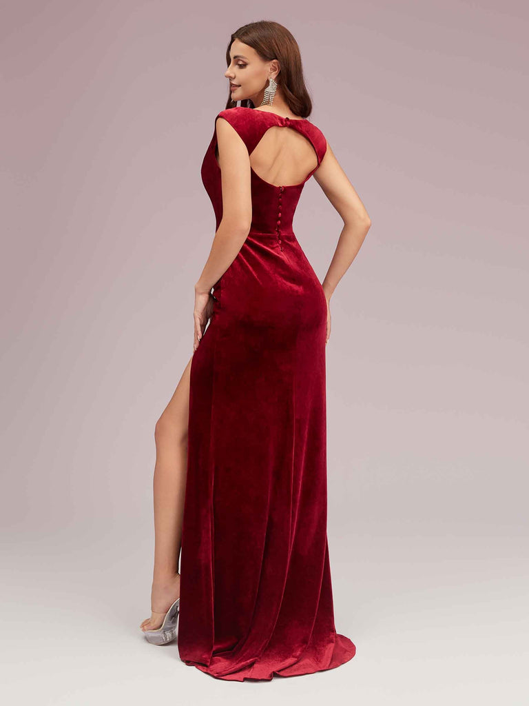 Sexy Open Back Velvet Scoop Long Mermaid Formal Prom Dresses With Slit Sexy Open Back Velvet Scoop Long Mermaid Formal Prom Dresses With Slit