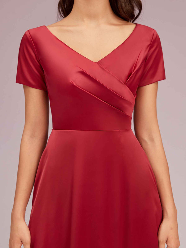 Elegant V-Neck Short Sleeves Long Soft Satin Bridesmaid Dresses With Slit