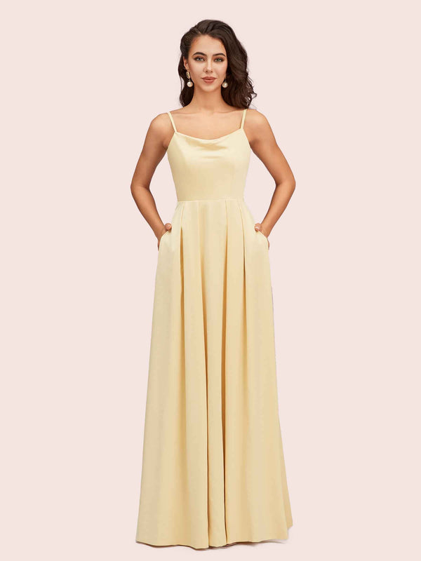 Simple Spaghetti Straps Cowl Neck Long Silky Satin Party Prom Dresses For Women With Pocket