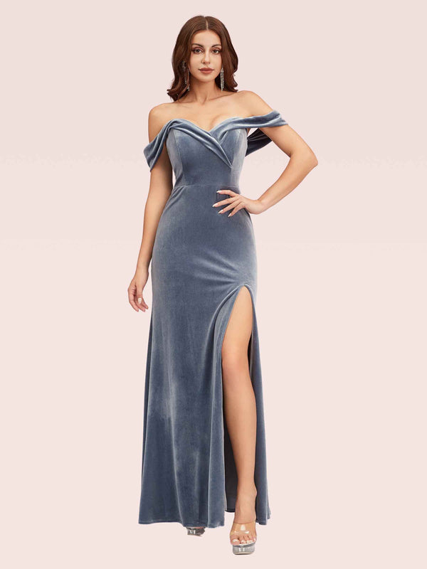 Sexy Side Slit Off Shoulder Long Mermaid Velvet Bridesmaid Dresses Online
