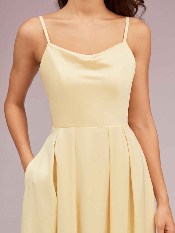 Simple Spaghetti Straps Cowl Neck Long Silky Satin Party Prom Dresses For Women With Pocket
