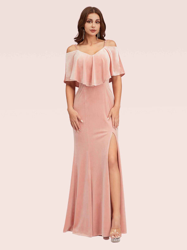 Sexy Cold Shoulder Velvet Mermaid Long Bridesmaid Dresses With Slit