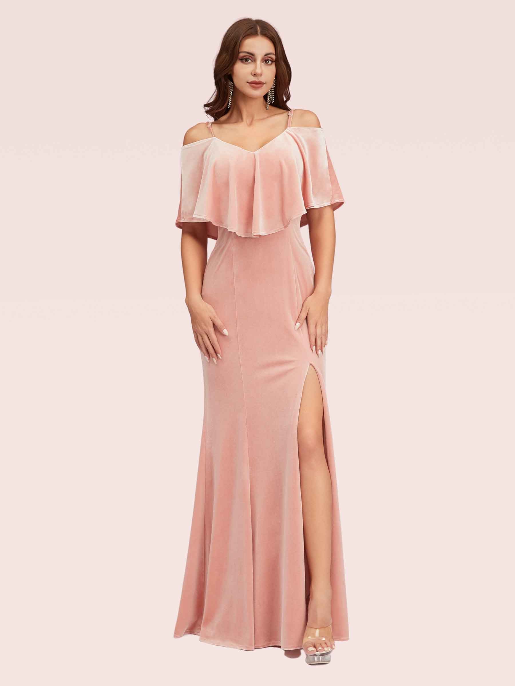 Sexy Cold Shoulder Velvet Mermaid Long Evening Prom Dresses With Slit