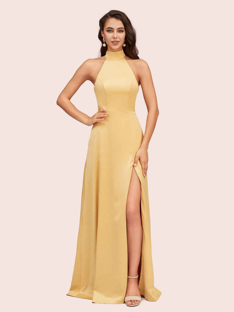 Elegant A-line High Neck Long Side Split Long Soft Satin Bridesmaid Dresses For Sale Elegant A-line High Neck Long Side Split Long Soft Satin Bridesmaid Dresses For Sale