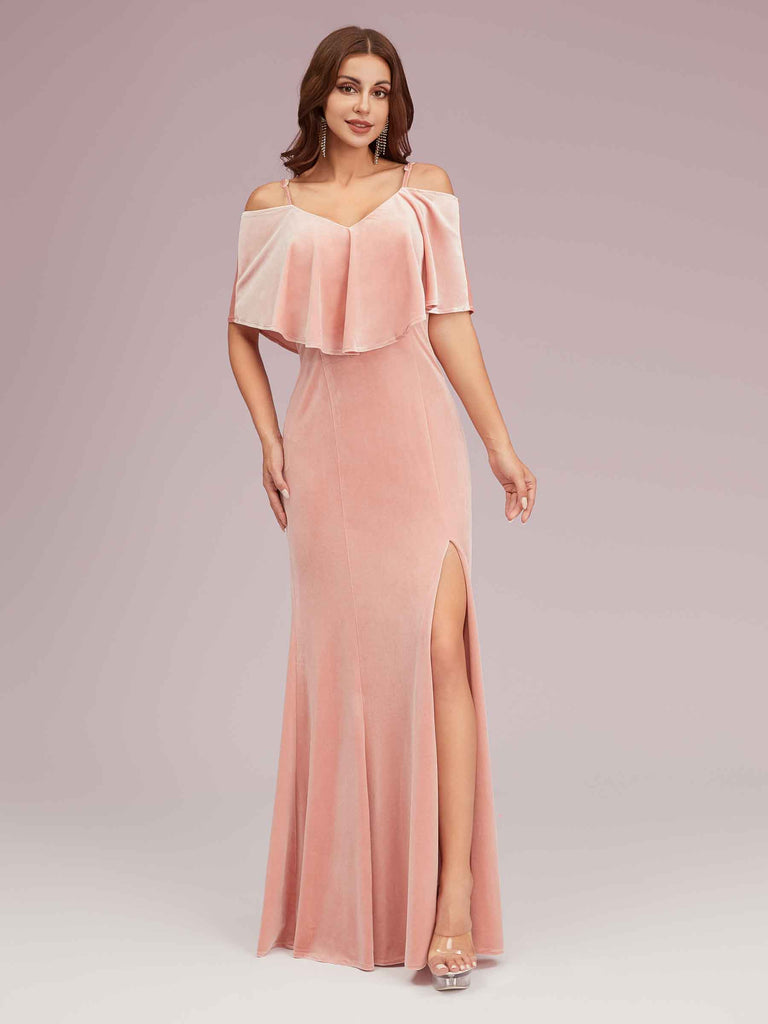 Sexy Cold Shoulder Velvet Mermaid Long Bridesmaid Dresses With Slit Sexy Cold Shoulder Velvet Mermaid Long Bridesmaid Dresses With Slit