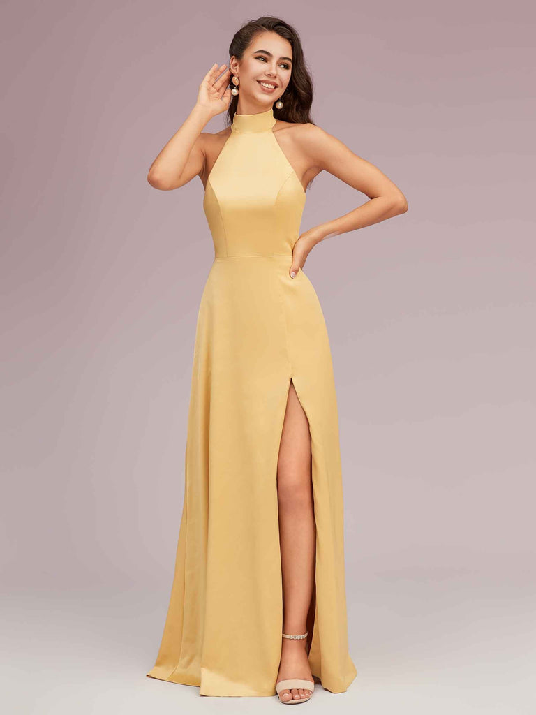 Elegant Halter Open Back Long Side Split Long Soft Satin Formal Prom Dresses Elegant Halter Open Back Long Side Split Long Soft Satin Formal Prom Dresses