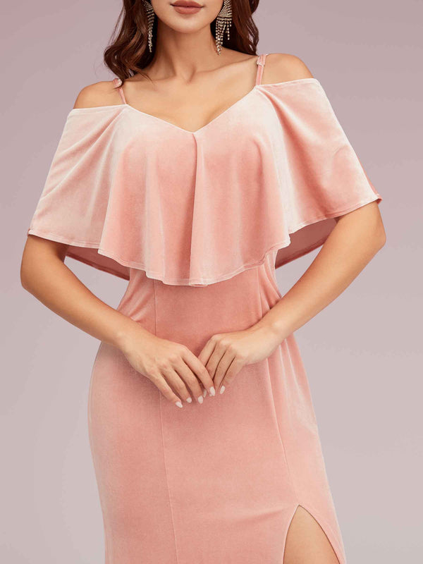 Sexy Cold Shoulder Velvet Mermaid Long Bridesmaid Dresses With Slit
