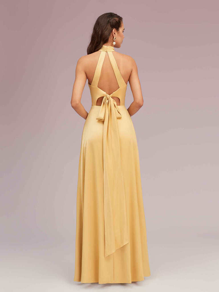 Elegant A-line High Neck Long Side Split Long Soft Satin Bridesmaid Dresses