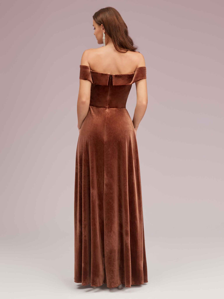 Elegant Stretch Velvet Off Shoulder Side Slit Long Formal Prom Dresses Online