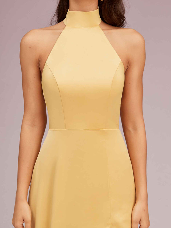Elegant A-line High Neck Long Side Split Long Soft Satin Bridesmaid Dresses