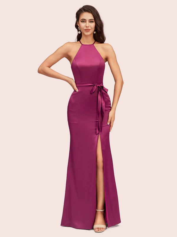 Sexy Mermaid Halter Long Silky Satin Party Prom Dresses With Slit