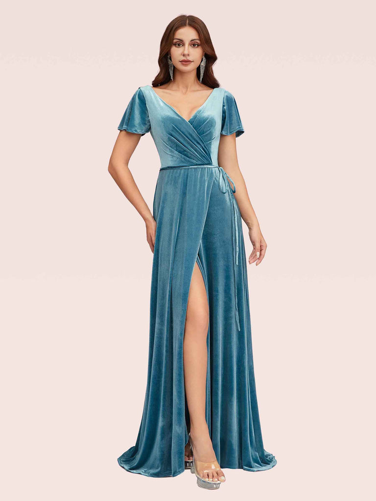 Elegant Velvet V-neck Side Slit Short Sleeves Long Bridesmaid Dresses Online Elegant Velvet V-neck Side Slit Short Sleeves Long Bridesmaid Dresses Online