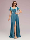 Elegant Velvet V-neck Side Slit Short Sleeves Long Bridesmaid Dresses Online