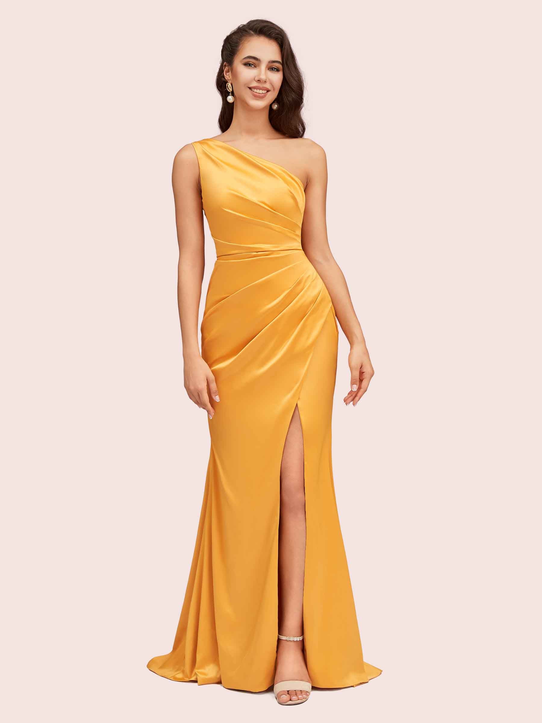 Elegant One Shoulder Mermaid Side Slit Soft Satin Bridesmaid Dresses