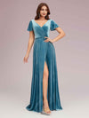 Elegant Velvet V-neck Side Slit Short Sleeves Long Evening Prom Dresses Online
