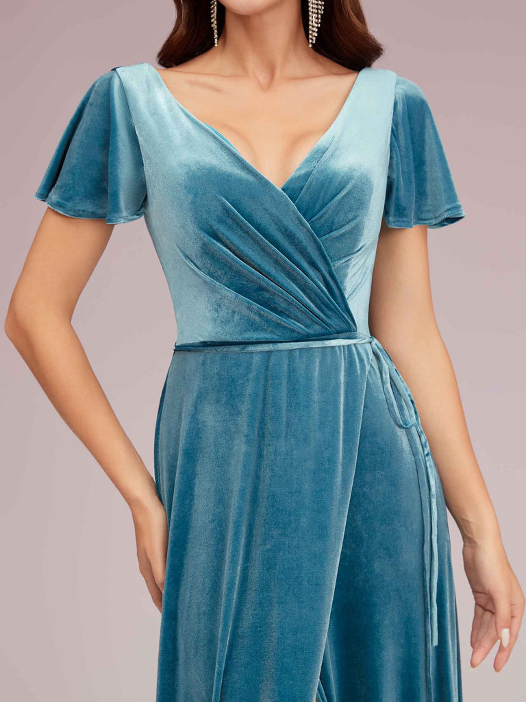 Elegant Velvet V-neck Side Slit Short Sleeves Long Bridesmaid Dresses Online